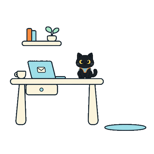 A small cartoon black cat jumping from a laptop desk onto a rug, blinking, and jumping back